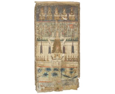 Rollbild (Patua).: Gouache auf Lwd., wohl Kambodscha 20. Jh. Ca. 175 x 87 cm.  5 meditierende Gottheiten, denen je ein Tier z