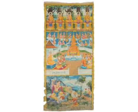 Rollbild (Patua).: Gouache auf Lwd., wohl Kambodscha 20. Jh. Ca. 190 x 88 cm.  In drei Bereiche aufgeteiltes Gemälde: Oben 5 