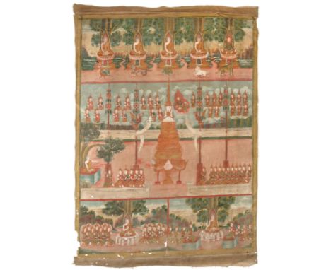 Rollbild (Patua).: Gouache auf Lwd., wohl Kambodscha 20. Jh. Ca. 188 x 108 cm.  Dreigeteilte Bildrolle: im oberen Teil throne