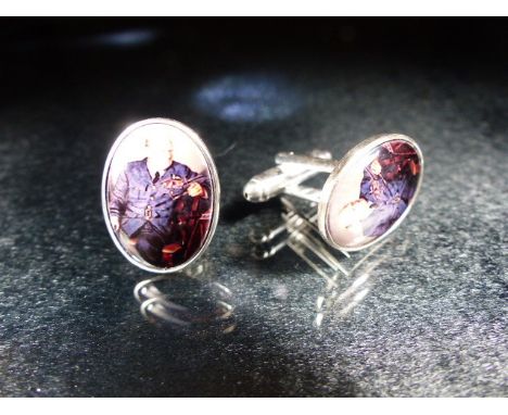 Pair of silver and enamel cufflinks set with a pictorial image of Winston Churchill