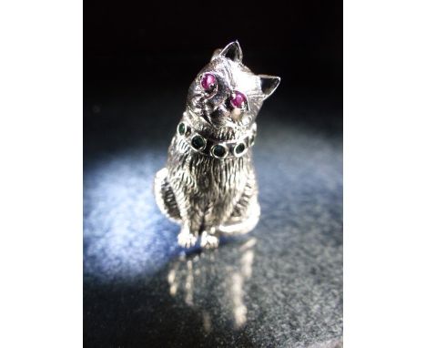 Silver cat pendant with ruby eyes and emerald collar