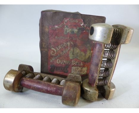 Pair of vintage SANDOWS hand grip exercise dumbbells in original tin box 