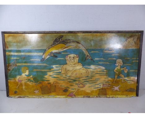 Vintage comical sign depicting Beer Beach, Devon.  Approx 245cm x 122cm