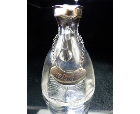 Noggin Glass flask with Hallmarked Silver Lid and collar and a Hallmarked Silver Whiskey plaque on chain