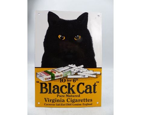 A Black Cat enamel sign, 10 for 6d, Pure Matured Virginia Cigarettes, Carreras Ltd (Est 1788), London, England, 32cm x 22cm.