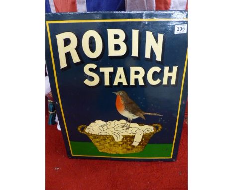 AN ENAMEL ADVERTISING SIGN, ROBIN STARCH, white lettering on blue and green background with image of Robin standing on a wash