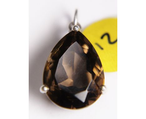 SMOKY QUARTZ PENDANT. Sterling silver large pear cut smoky quartz pendant