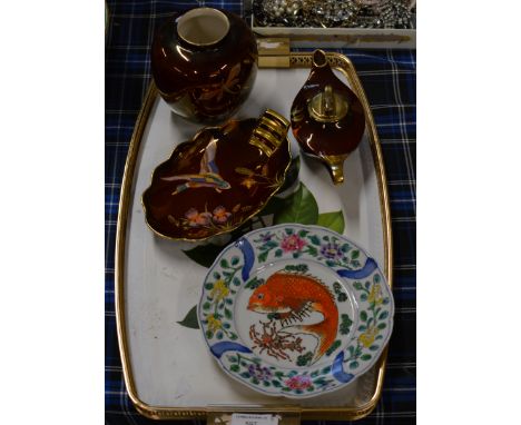 TRAY WITH GENERAL CERAMICS, OLD DECORATIVE FISH DESIGN DISH, CARLTON WARE ETC     