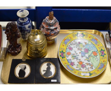 TRAY WITH ORIENTAL WARE, CHINESE BLUE &amp; WHITE VASE, FIGURINE ORNAMENT, BRONZE STYLE BELL, IMARI LIDDED JAR ETC     