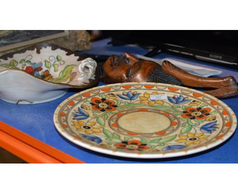CROWN DUCAL POTTERY DISH BY CHARLOTTE RHEAD, 1 OTHER DISH &amp; WOODEN WALL MASK     