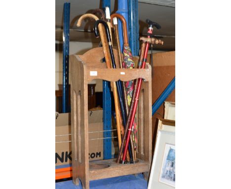 OAK ARTS &amp; CRAFTS STYLE STICK STAND WITH VARIOUS STICKS     