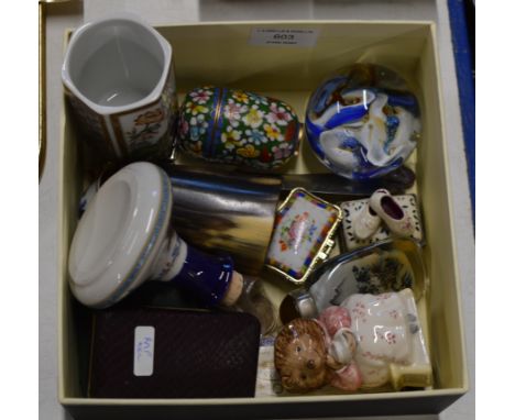 BOX CONTAINING GLASS PAPER WEIGHT, ROYAL ALBERT BEATRIX POTTER FIGURINE, SNUFF BOTTLE, CLOISONNÉ LIDDED JAR ETC     