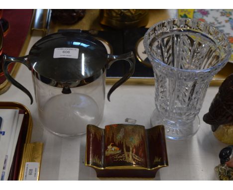 ARTS &amp; CRAFTS STYLE DOUBLE HANDLED LIDDED JAR, CUT CRYSTAL VASE &amp; SMALL CARLTON WARE LIDDED BOX     