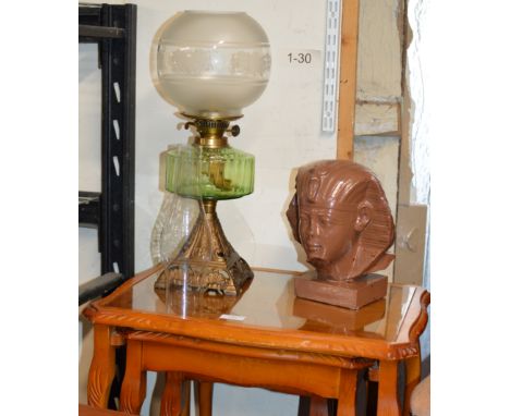 NEST OF 3 REPRODUCTION YEW WOOD TEA TABLES, PARAFFIN LAMP &amp; DECORATIVE EGYPTIAN BUST     