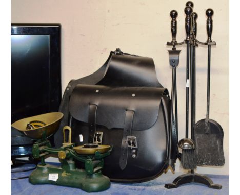 SET OF VINTAGE SCALES WITH WEIGHTS, POLICE WRIST WATCH, MOTORCYCLE SADDLE BAG &amp; COMPANION SET     