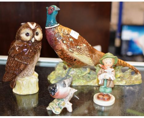 LARGE BESWICK PHEASANT ORNAMENT, DOULTON OWL DECANTER, SMALL BESWICK BIRD &amp; GOEBEL FIGURINE     