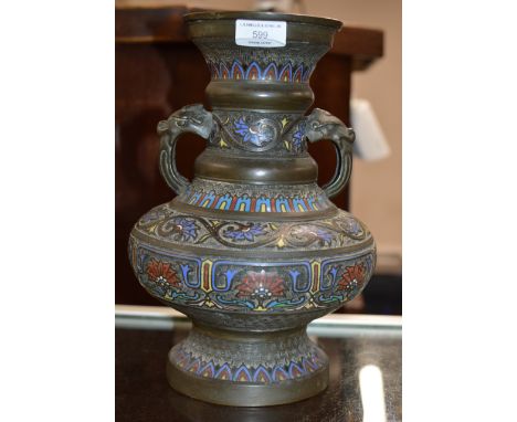 ORIENTAL BRONZE &amp; ENAMEL VASE WITH ELEPHANT HANDLES     