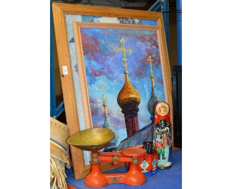 2 FRAMED PAINTINGS, RUSSIAN STYLE DOLL, SET OF OLD SCALES     