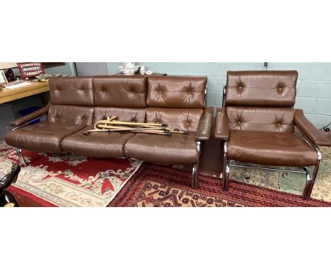 Retro leather and chrome sofa and armchair by PeffApprox sofa size. W: 214cm D: 104cm H: 89cm&nbsp; Chair W: 88cm&nbsp;D: 104