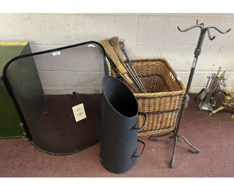 Companion set together with a fireguard and log basket 