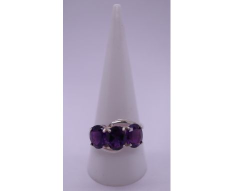 Silver 3 stone amethyst set ring - Size S 