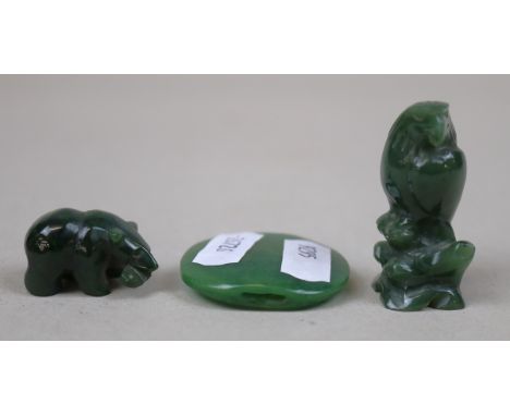 Canadian First Nations Green Jade carvings of an Eagle and a Bear, plus a Chinese Jade purse string tightener