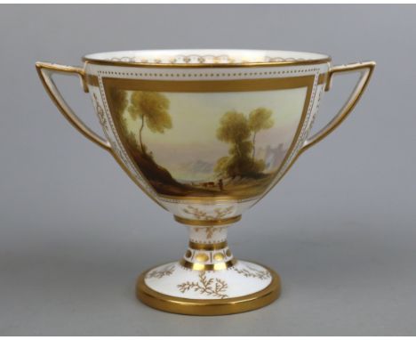 Harry Davies Royal Worcester Kylix form (Greek) cup. Signed LR W Davies. Factory marks and dots 1915. Shape 2114