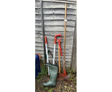 Collection of gardening tools together with a pair of wellington boots, size 8