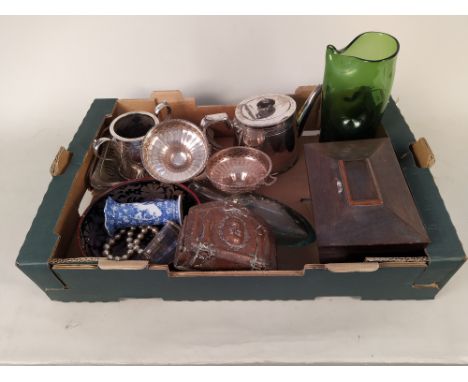 A box with mixed silver plated items, an antique tea caddy, an interesting handmade copper tin, Whitefriars style vase etc