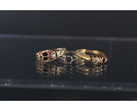 Three rings, one in 9ct gold (as found), one white metal (lacking stone) together with an 18ct gold diamond set ring (two sto