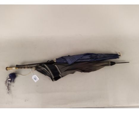A possibly gold tipped vintage silk parasol (one area of damage) plus a hallmarked silver tipped example (as found silk)