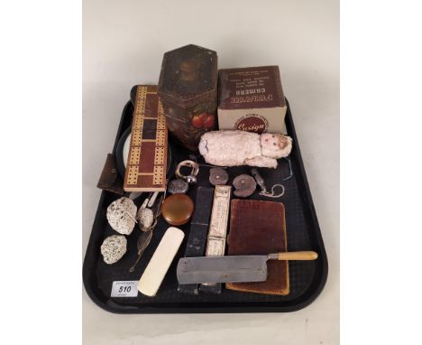 Mixed items including ammonites, vintage razors, cribbage board, 'Ful-Vul' camera, a 19th Century French babies rattle, ebony