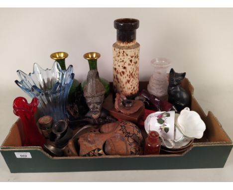 A mixed lot comprising of a pair of 20th Century green cloisonne vases, glass Art Glass, ethnographic items, plated sauce lad