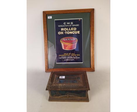 A burr wood framed advertising print for C W S Rolled Ox Tongue Lowestoft, inner glass measurement 41cm x 51cm plus a vintage