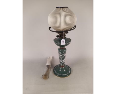 A Victorian painted ceramic base oil lamp marked 'Hink's Duplex Patent' with chimney and paper shade, 50cm high