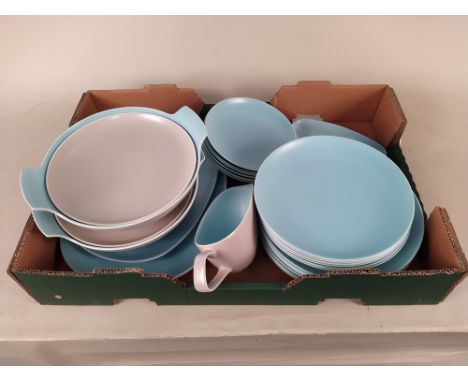 A c1960's Poole dinner service including six dinner, six side and six tea plates, two tureens, two meat plates and a gravy bo