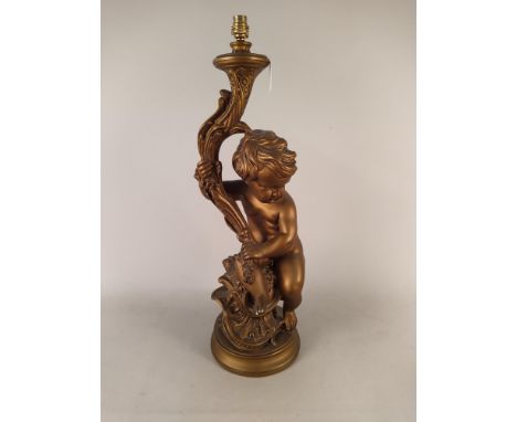 A gilded plaster cherub lamp base, 75cm high