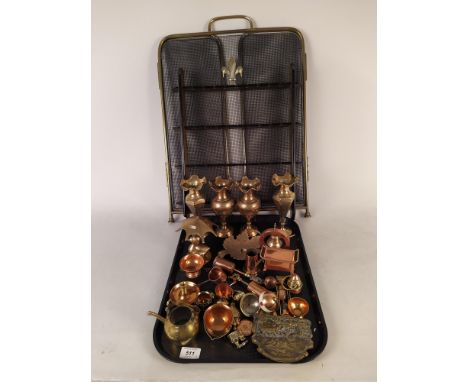 A folding brass fire screen, a spoon collectors rack, a selection of copper and brass including two pairs of Indian brass vas