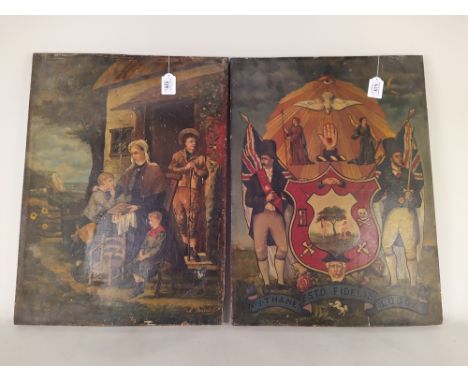 Two late 19th Century hand painted wood panel pictures, one depicting a family outside of a cottage, the other with Masonic i