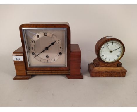 A late 19th Century oak framed mantel clock plus an Art Deco walnut striking/chiming mantel clock