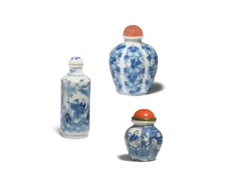 THREE BLUE AND WHITE SNUFF BOTTLES18th/19th centuryThe first, of hexagonal baluster form, painted with a continuous scene of 