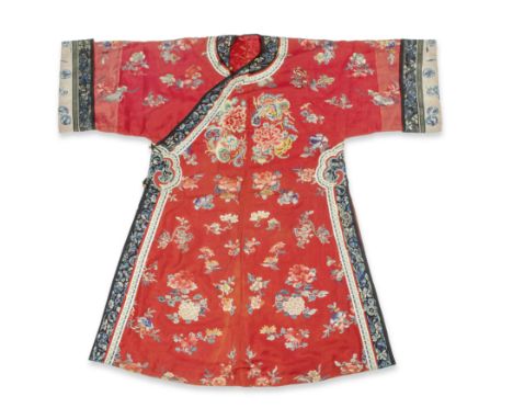 A CORAL-RED-GROUND GAUZE SILK WOMAN'S ROBE, CHANGYIDaoguangThe coral-red silk gauze finely embroidered in Peking knot with a 