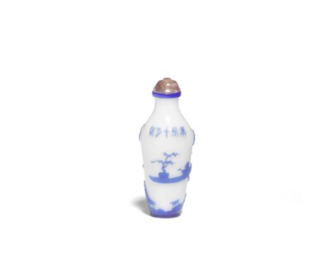A BLUE OVERLAY MILKY-WHITE GLASS SNUFF BOTTLECylically dated to the tenth month of the Gengchen Year, corresponding to 1856 a