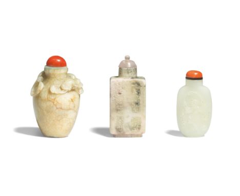 A JADE 'CHILONG SNUFF BOTTLE TOGETHER WITH A WHITE JADE 'SANYANG KAITAI' SNUFF BOTTLE AND AN INSCRIBED 'CHICKEN BONE' JADE SN