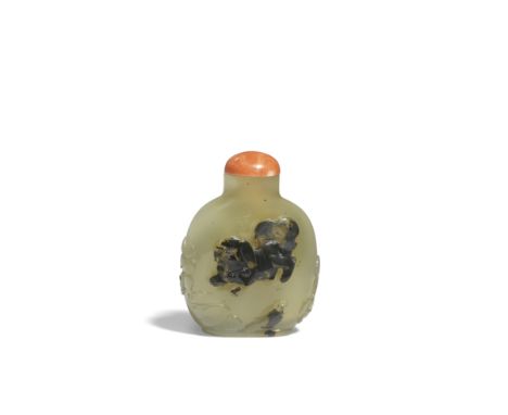 A CARVED AGATE 'PEKINGESE' SNUFF BOTTLE19th century Of rounded square form rising from a short oval foot to a cylindrical nec