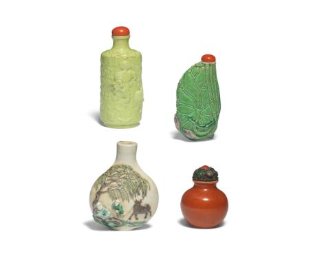 FOUR PORCELAIN SNUFF BOTTLES18th/19th centuryComprising of a small red-glazed globular snuff bottle surmounted by a waisted f