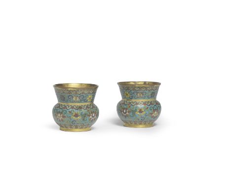 A PAIR OF CLOISONNÉ-ENAMEL SPITTOONS, ZHADOU18th centuryEach compressed globular body decorated in red, white, blue, yellow a