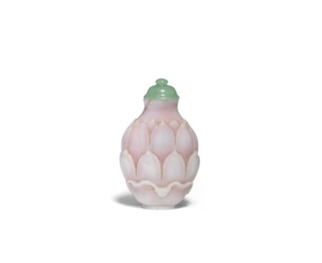 A WHITE OVERLAY PINK GLASS 'LOTUS' SNUFF BOTTLE1750-1820, possibly Imperial Glass WorkshopsOf flattened oviform shape, exquis