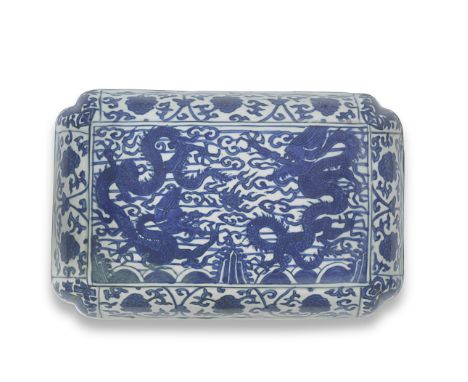 A RARE BLUE AND WHITE RECTANGULAR 'DRAGONS AND WAVES' BOX AND COVERWanli six-character mark and of the periodOf rectangular f