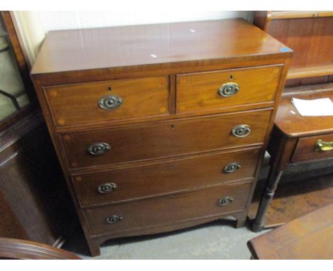 A 19th century marquetry inlaid chest, with two short over three long drawers, raised on bracket feet 121cm h x 100cm w x 50c